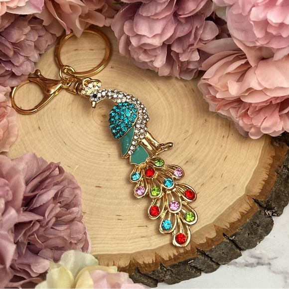 Beautiful Blue and Colorful Crystal Peacock Keychain Charm - Picture 7 of 16